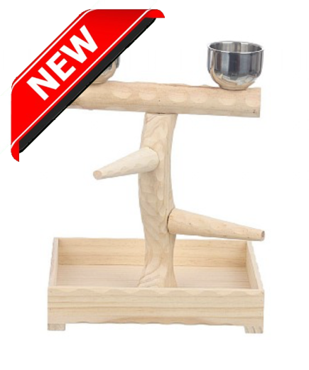 Small Table Top Wood Parrot Stand with Feeding Bowls
